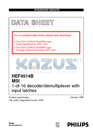 HEF4514BN datasheet - 1-of-16 decoder/demultiplexer with input latches