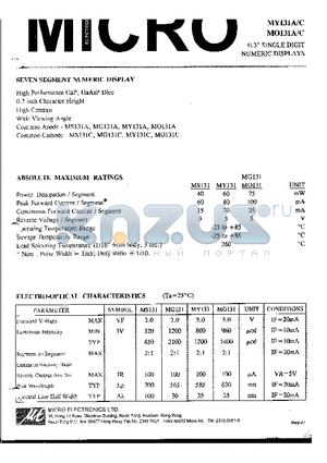 MG131C datasheet - 0.3 SINGLE DIGIT NUMERIC DISPLAYS