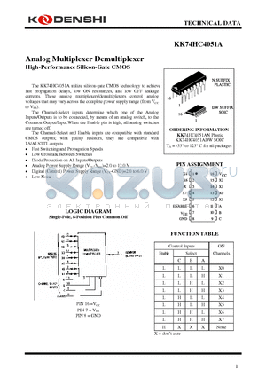 KK74HC4051A datasheet - Analog Multiplexer Demultiplexer High-Performance Silicon-Gate CMOS