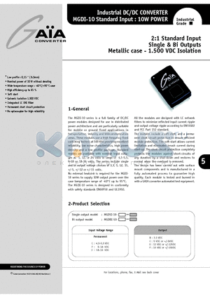 MGDSI-10-I-F datasheet - 2:1 Standard Input Single & Bi Outputs Metallic case - 1.500 VDC Isolation