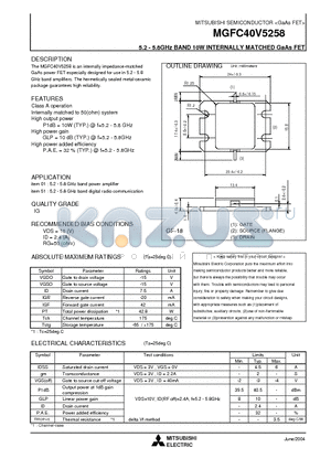 MGFC40V5258 datasheet - 5.2 - 5.8GHz BAND 10W INTERNALLY MATCHED GaAs FET