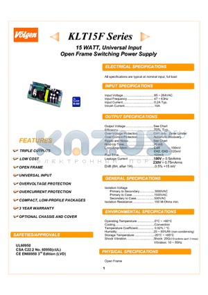 KLT15F-0522 datasheet - 15 WATT, Universal Input Open Frame Switching Power Supply
