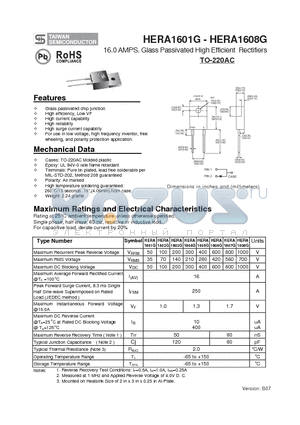 HERA1602G datasheet - 16.0 AMPS. Glass Passivated High Efficient Rectifiers