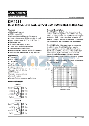 KM4211 datasheet - Dual, 0.2mA, Low Cost, 2.7V & 5V, 35MHz Rail-to-Rail Amp