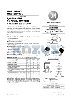 MGP15N40CL datasheet - Ignition IGBT 15 Amps, 410 Volts N-Channel TO-220 and D2PAK