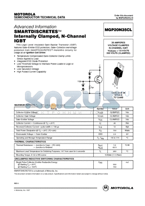 MGP20N35CL datasheet - SMARTDISCRETES Internally Clamped, N-Channel IGBT