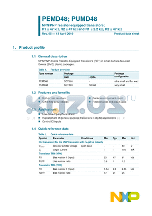 PUMD48 datasheet - NPN/PNP resistor-equipped transistors; R1 = 47 kY, R2 = 47 kY and R1 = 2.2 kY, R2 = 47 kY