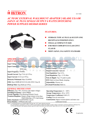 HES06B-S050120 datasheet - AC TO DC EXTERNAL WALLMOUNT ADAPTER 2-BLADE USA OR JAPAN AC PLUG SINGLE OUTPUT 6 WATTS SWITCHING POWER SUPPLIES HES06B SERIES