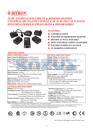 HES10-18006-0-G datasheet - AC/DC EXTERNAL WALLMOUNT & DESKTOP ADAPTER UNIVERSAL OR USA INPUT SINGLE & DUAL OUTPUT 10-12 WATTS SWITCHING POWER SUPPLIES