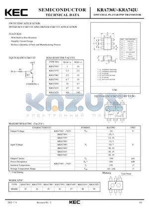 KRA741U datasheet - EPITAXIAL PLANAR PNP TRANSISTOR (SWITCHING, INTERFACE CIRCUIT AND DRIVER CIRCUIT)