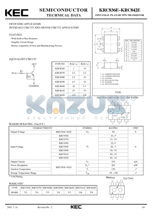 KRC837E datasheet - EPITAXIAL PLANAR NPN TRANSISTOR (SWITCHING, INTERFACE CIRCUIT AND DRIVER CIRCUIT)