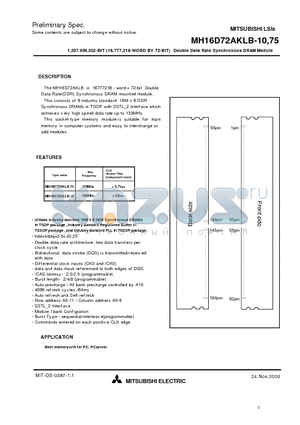 MH16D72AKLB-75 datasheet - 1,207.959,552-BIT (16,777,216-WORD BY 72-BIT) Double Data Rate Synchronous DRAM Module