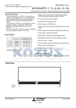 MH16S64PFC-7L datasheet - 1073741824-BIT (16777216 - WORD BY 64-BIT)SynchronousDRAM