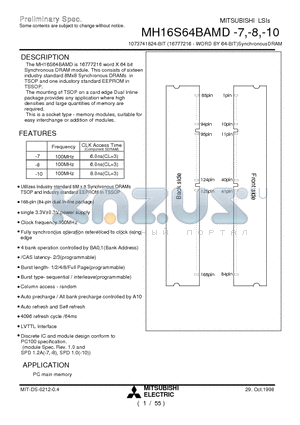 MH16S64BAMD-10 datasheet - 1073741824-BIT (16777216 - WORD BY 64-BIT)SynchronousDRAM