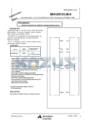 MH16S72VJB-6 datasheet - 1,207,959,552-BIT ( 16,777,216-WORD BY 72-BIT ) Synchronous DYNAMIC RAM