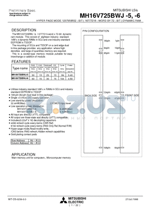 MH16V725BWJ-6 datasheet - HYPER PAGE MODE 1207959552 - BIT ( 16777216 - WORD BY 72 - BIT ) DYNAMIC RAM