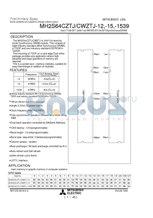 MH2S64CZTJ-12 datasheet - 134217728-BIT (2097152-WORD BY 64-BIT)SynchronousDRAM