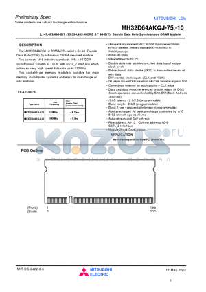 MH32D64AKQJ-75 datasheet - 2,147,483,684-BIT (33,554,432-WORD BY 64-BIT) Double Data Rate Synchronous DRAM Module