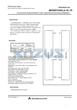 MH32D72AKLA-75 datasheet - 2,415,919,104-BIT (33,554,432-WORD BY 72-BIT) Double Data Rate Synchronous DRAM Module