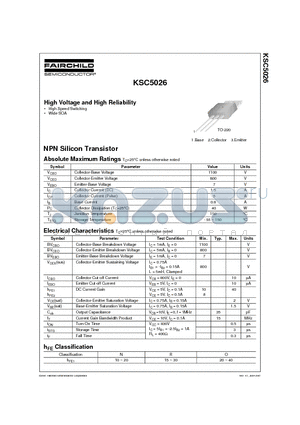 KSC5026 datasheet - High Voltage and High Reliability