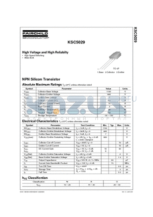 KSC5029 datasheet - High Voltage and High Reliabilty