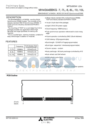 MH4S64BBKG-10L datasheet - 268435456-BIT (4194304 - WORD BY 64-BIT)SynchronousDRAM