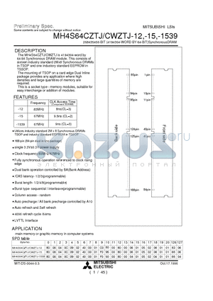 MH4S64CZTJ-15 datasheet - 268435456-BIT (4194304-WORD BY 64-BIT)SynchronousDRAM
