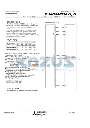 MH4V64AWXJ-6 datasheet - FAST PAGE MODE 268435456 - BIT ( 4194304 - WORD BY 64 - BIT ) DYNAMIC RAM