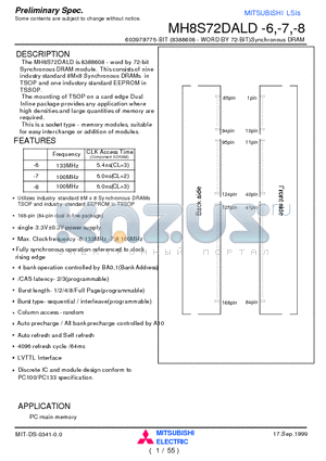MH8S72DALD-6 datasheet - 603979776-BIT (8388608 - WORD BY 72-BIT)Synchronous DRAM