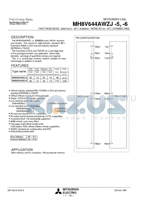 MH8V644AWZJ-5 datasheet - FAST PAGE MODE 536870912 - BIT ( 8388608 - WORD BY 64 - BIT ) DYNAMIC RAM