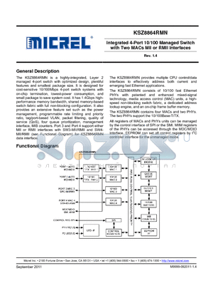 KSZ8864RMNI datasheet - Integrated 4-Port 10/100 Managed Switch with Two MACs MII or RMII Interfaces
