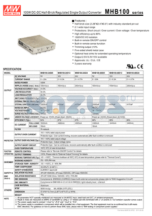 MHB100-48S05 datasheet - 100W DC-DC Half-Brick Regulated Single Output Converter