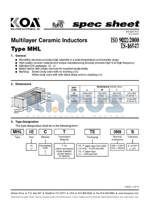 MHL1JCTTDR10 datasheet - Multilayer Ceramic Inductors