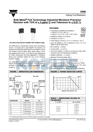 Y007345K4540B0L datasheet - Bulk Metal^ Foil Technology Industrial Miniature Precision Resistor with TCR of a 4 ppm/`C and Tolerance to a 0.01 %