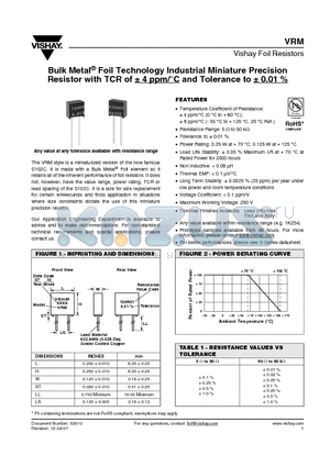 Y007345R4540A9L datasheet - Bulk Metal^ Foil Technology Industrial Miniature Precision Resistor with TCR of a 4 ppm/`C and Tolerance to a 0.01 %