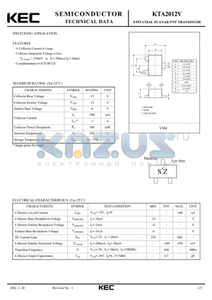 KTA2012V datasheet - EPITAXIAL PLANAR PNP TRANSISTOR (SWITCHING)