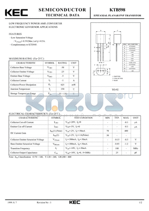 KTB598 datasheet - EPITAXIAL PLANAR PNP TRANSISTOR (LOW FREQUENCY POWER AMP, CONVERTER ELECTRONIC GOVERNOR)