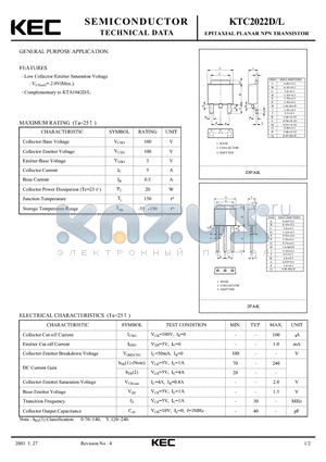 KTC2022D datasheet - EPITAXIAL PLANAR NPN TRANSISTOR (GENERAL PURPOSE)