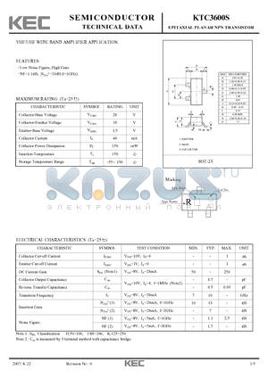 KTC3600S datasheet - EPITAXIAL PLANAR NPN TRANSISTOR VHF/UHF WIDE BAND AMPLIFIER APPLICATION