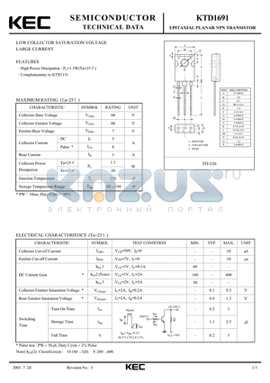 KTD1691 datasheet - EPITAXIAL PLANAR NPN TRANSISTOR (LOW COLLECTOR SATURATION VOLTAGE LARGE CURRENT)