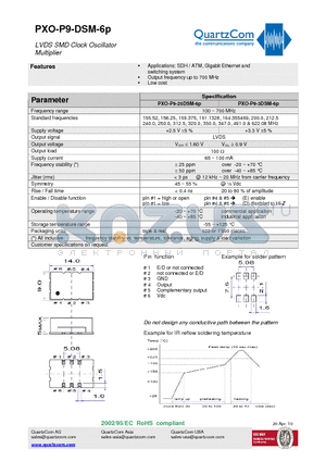 PXO-P9-DSM-6P datasheet - LVDS SMD Clock Oscillator Multiplier Output frequency up to 700 MHz