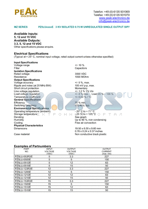 PZ5LU-1515E datasheet - PZ5LUxxxxE 3 KV ISOLATED 0.75 W UNREGULATED SINGLE OUTPUT SIP7