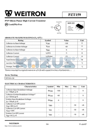 PZT159 datasheet - PNP Silicon Planar High Current Transistor