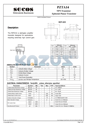 PZTA14 datasheet - Epitaxial Planar Transistor