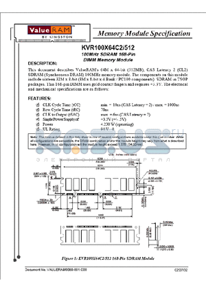 KVR100X64C2/512 datasheet - Memory Module Specification