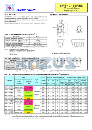 KW1-401CS datasheet - LED Numeric Display Single Digit (0.40)