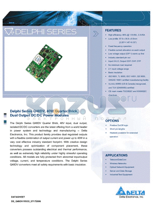 Q48DV1R833PKFA datasheet - Delphi Series Q48DV, 40W Quarter Brick, Dual Output DC/DC Power Modules