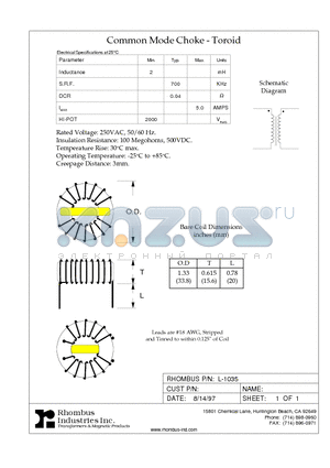 L-1035 datasheet - Common Mode Choke - Toroid