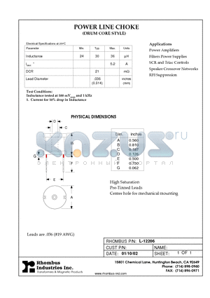 L-12206 datasheet - POWER LINE CHOKE