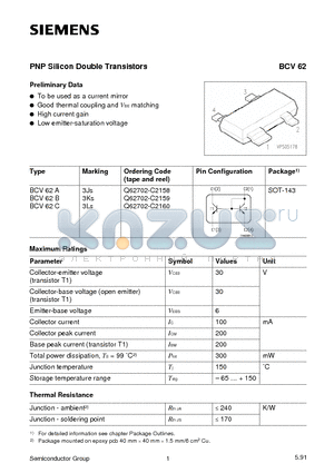 Q62702-C2158 datasheet - PNP Silicon Double Transistors (To be used as a current mirror Good thermal coupling and VBE matching)